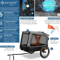 KESSER® Hundeanhänger Boxer 3-in-1 Hundebuggy & Jogger Fahrradanhänger groß ca. 240 Liter Volumen, gefedert, 360° Grad Vorderrad, 600D Oxford Canvas, SmartSpace Concept, maximale Belastbarkeit: 40 kg