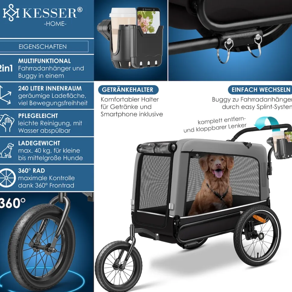 KESSER® Hundeanhänger Boxer 3-in-1 Hundebuggy & Jogger Fahrradanhänger groß ca. 240 Liter Volumen, gefedert, 360° Grad Vorderrad, 600D Oxford Canvas, SmartSpace Concept, maximale Belastbarkeit: 40 kg