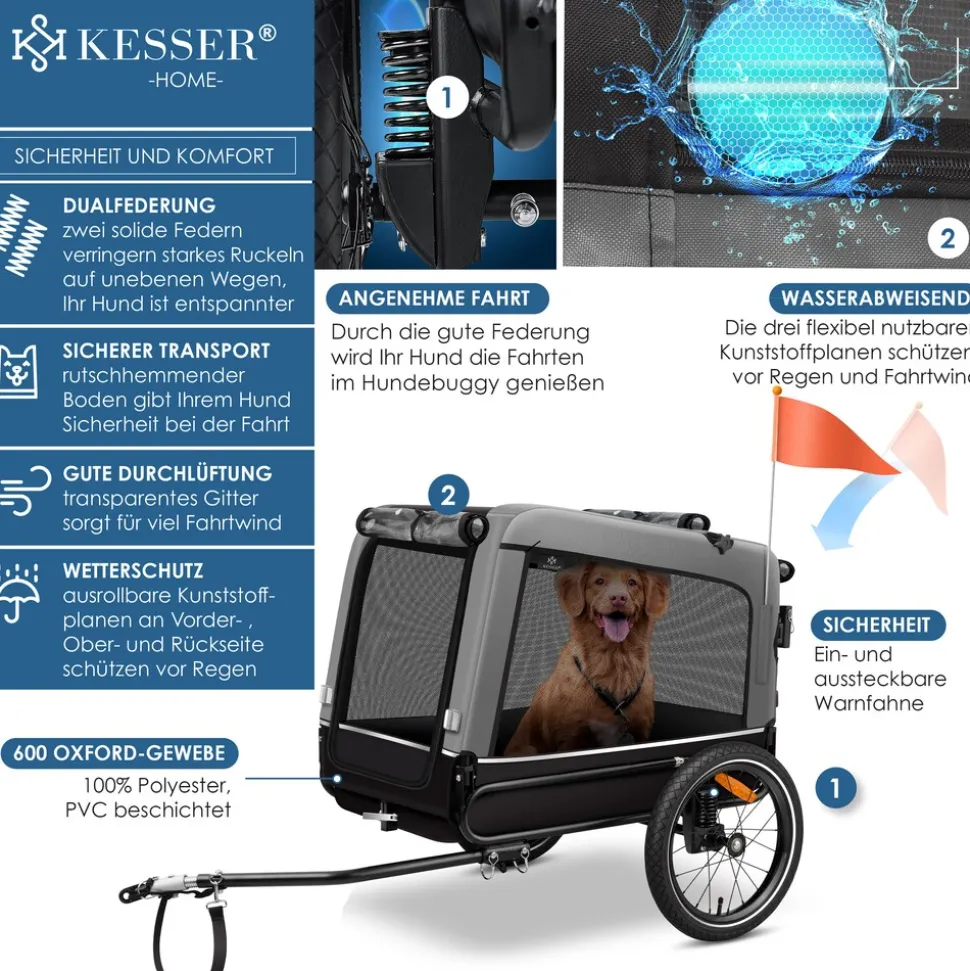 KESSER® Hundeanhänger Boxer 3-in-1 Hundebuggy & Jogger Fahrradanhänger groß ca. 240 Liter Volumen, gefedert, 360° Grad Vorderrad, 600D Oxford Canvas, SmartSpace Concept, maximale Belastbarkeit: 40 kg