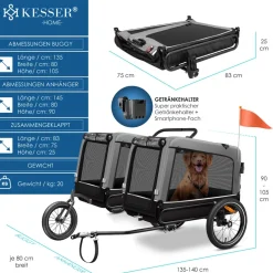 KESSER® Hundeanhänger Boxer 3-in-1 Hundebuggy & Jogger Fahrradanhänger groß ca. 240 Liter Volumen, gefedert, 360° Grad Vorderrad, 600D Oxford Canvas, SmartSpace Concept, maximale Belastbarkeit: 40 kg