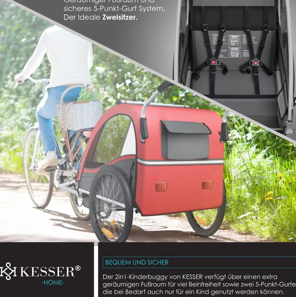KESSER® Kinderanhänger Fahrradanhänger Sport-RX 2 in 1 Joggerfunktion Kinderfahrradanhänger + 5-Punkt Sicherheitsgurt 360°-Vorderrad Jogger Buggy Fahrrad Anhänger für 1 bis 2 Kinder max. 40kg