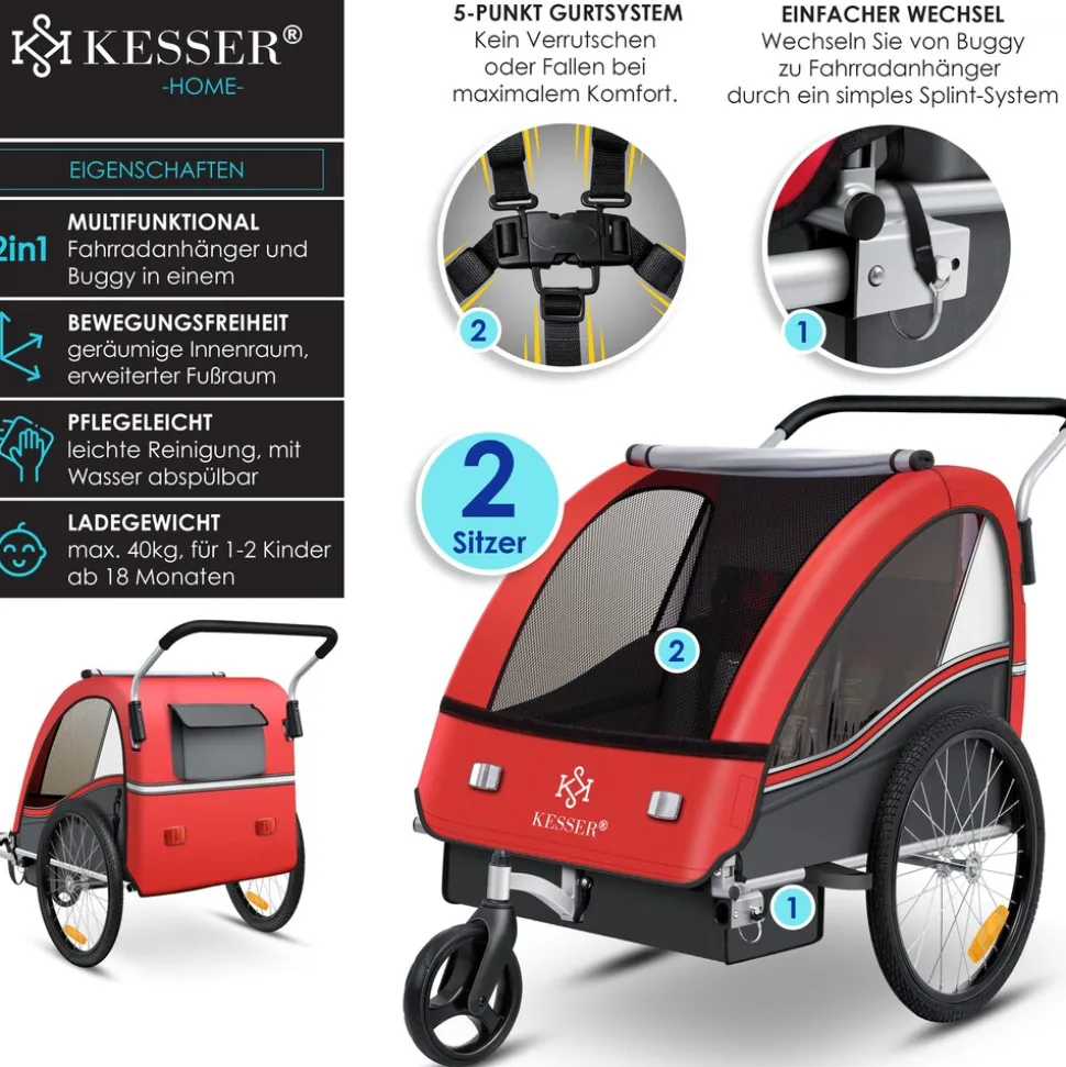 KESSER® Kinderanhänger Fahrradanhänger Sport-RX 2 in 1 Joggerfunktion Kinderfahrradanhänger + 5-Punkt Sicherheitsgurt 360°-Vorderrad Jogger Buggy Fahrrad Anhänger für 1 bis 2 Kinder max. 40kg