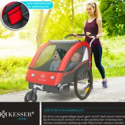 KESSER® Kinderanhänger Fahrradanhänger Sport-RX 2 in 1 Joggerfunktion Kinderfahrradanhänger + 5-Punkt Sicherheitsgurt 360°-Vorderrad Jogger Buggy Fahrrad Anhänger für 1 bis 2 Kinder max. 40kg