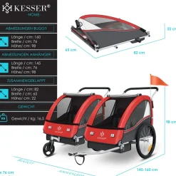 KESSER® Kinderanhänger Fahrradanhänger Sport-RX 2 in 1 Joggerfunktion Kinderfahrradanhänger + 5-Punkt Sicherheitsgurt 360°-Vorderrad Jogger Buggy Fahrrad Anhänger für 1 bis 2 Kinder max. 40kg