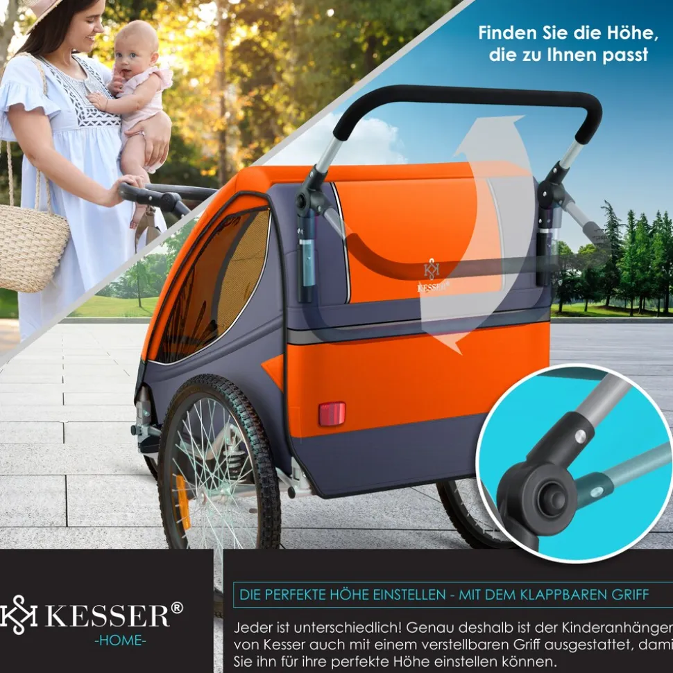 KESSER® Kinderanhänger Fahrradanhänger 360° Drehbar mit Federung 2in1 Joggerfunktion Kinderfahrradanhänger + 5-Punkt Gurt Jogger Fahrrad Anhänger für 1 bis 2 Kinder max. 40kg