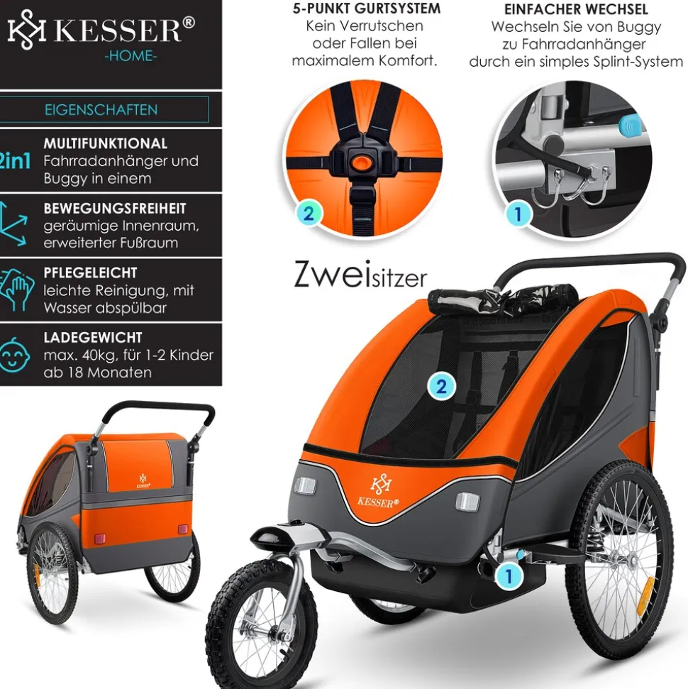 KESSER® Kinderanhänger Fahrradanhänger 360° Drehbar mit Federung 2in1 Joggerfunktion Kinderfahrradanhänger + 5-Punkt Gurt Jogger Fahrrad Anhänger für 1 bis 2 Kinder max. 40kg