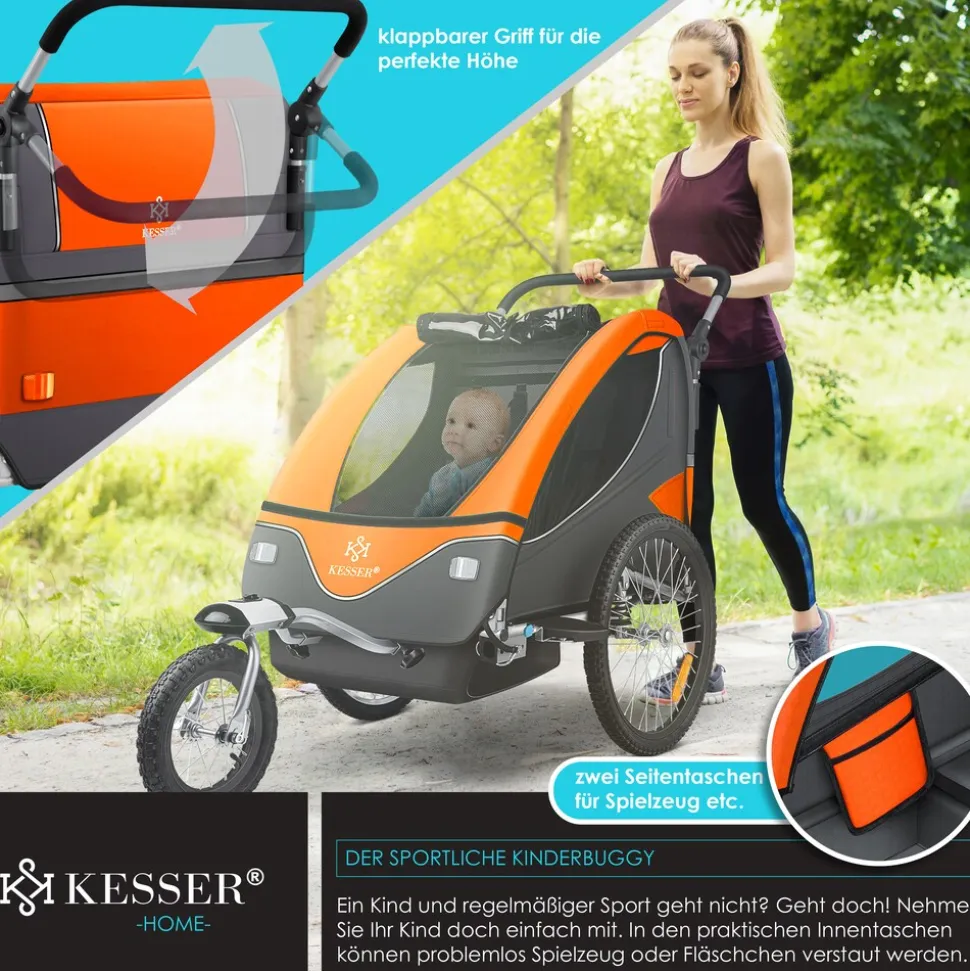 KESSER® Kinderanhänger Fahrradanhänger 360° Drehbar mit Federung 2in1 Joggerfunktion Kinderfahrradanhänger + 5-Punkt Gurt Jogger Fahrrad Anhänger für 1 bis 2 Kinder max. 40kg