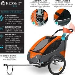 KESSER® Kinderanhänger Fahrradanhänger 360° Drehbar mit Federung 2in1 Joggerfunktion Kinderfahrradanhänger + 5-Punkt Gurt Jogger Fahrrad Anhänger für 1 bis 2 Kinder max. 40kg
