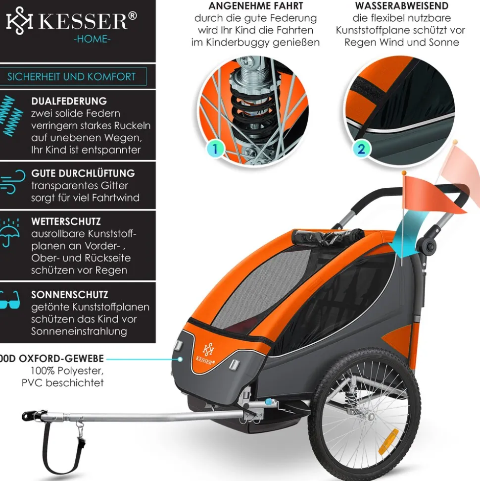 KESSER® Kinderanhänger Fahrradanhänger 360° Drehbar mit Federung 2in1 Joggerfunktion Kinderfahrradanhänger + 5-Punkt Gurt Jogger Fahrrad Anhänger für 1 bis 2 Kinder max. 40kg