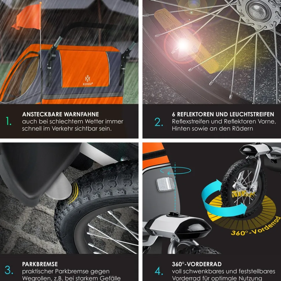 KESSER® Kinderanhänger Fahrradanhänger 360° Drehbar mit Federung 2in1 Joggerfunktion Kinderfahrradanhänger + 5-Punkt Gurt Jogger Fahrrad Anhänger für 1 bis 2 Kinder max. 40kg