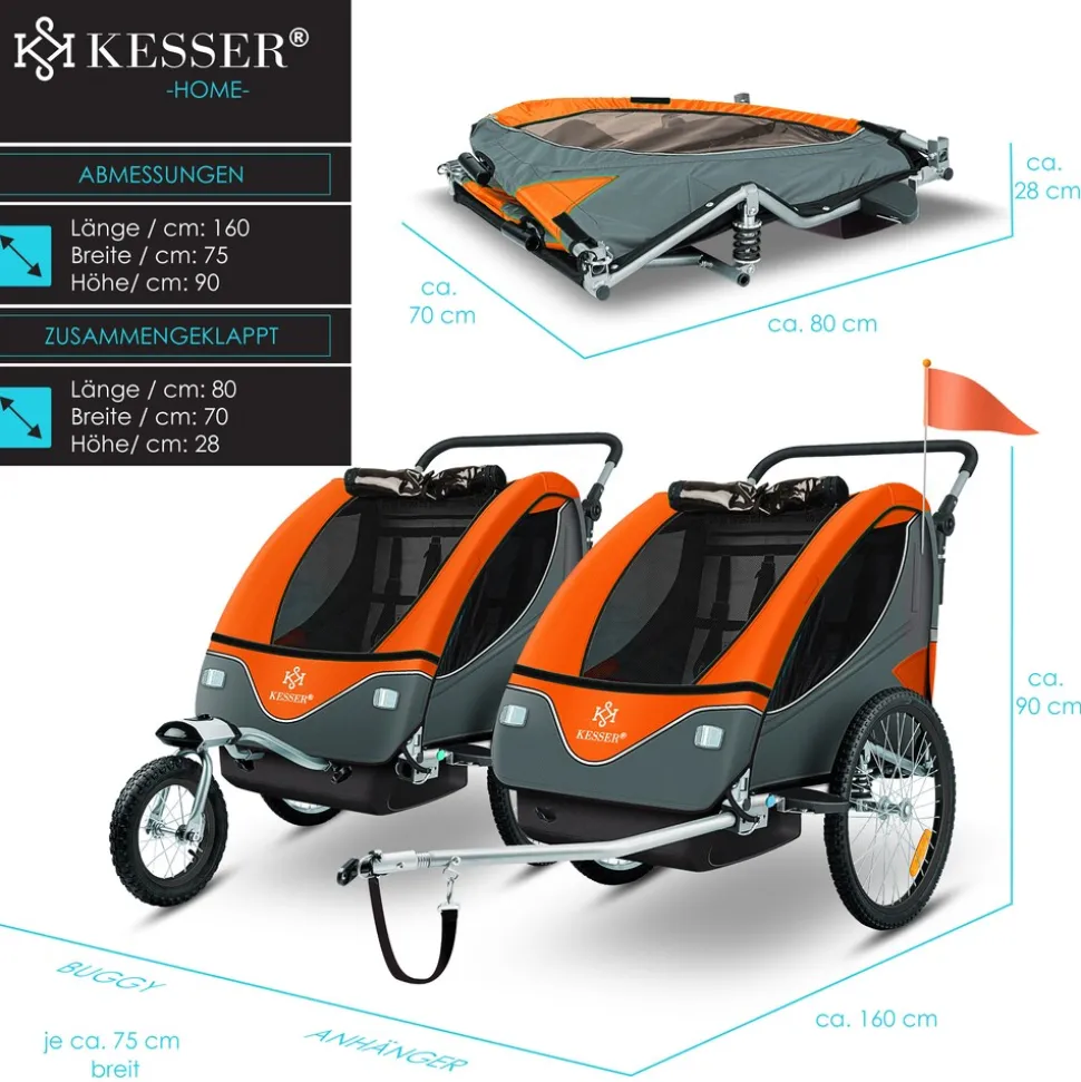 KESSER® Kinderanhänger Fahrradanhänger 360° Drehbar mit Federung 2in1 Joggerfunktion Kinderfahrradanhänger + 5-Punkt Gurt Jogger Fahrrad Anhänger für 1 bis 2 Kinder max. 40kg