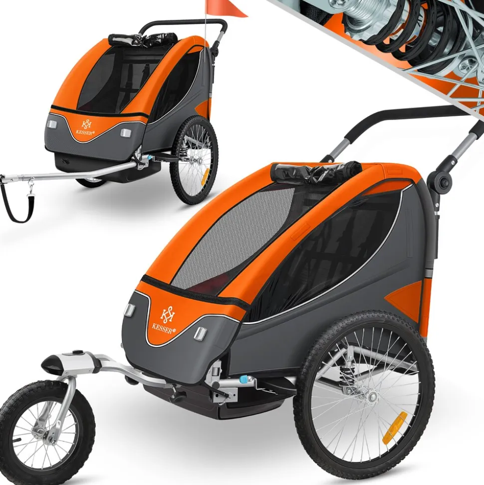 KESSER® Kinderanhänger Fahrradanhänger 360° Drehbar mit Federung 2in1 Joggerfunktion Kinderfahrradanhänger + 5-Punkt Gurt Jogger Fahrrad Anhänger für 1 bis 2 Kinder max. 40kg