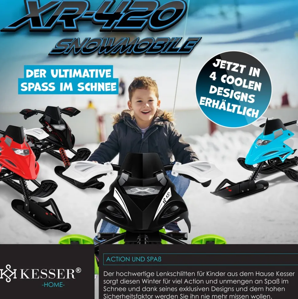 KESSER® Lenkschlitten mit 2 Fußbremsen | Automatisches Zugseil | Federung | Kufenlenkung | Bob Kinderschlitten Rodel Schlitten | Skiboblenkschlitten |