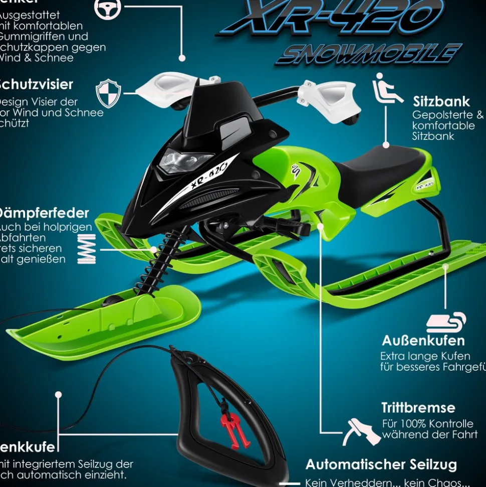 KESSER® Lenkschlitten mit 2 Fußbremsen | Automatisches Zugseil | Federung | Kufenlenkung | Bob Kinderschlitten Rodel Schlitten | Skiboblenkschlitten |