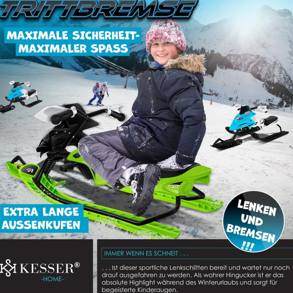 KESSER® Lenkschlitten mit 2 Fußbremsen | Automatisches Zugseil | Federung | Kufenlenkung | Bob Kinderschlitten Rodel Schlitten | Skiboblenkschlitten |
