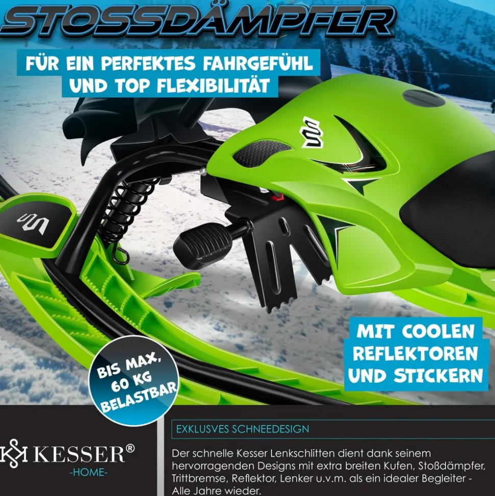 KESSER® Lenkschlitten mit 2 Fußbremsen | Automatisches Zugseil | Federung | Kufenlenkung | Bob Kinderschlitten Rodel Schlitten | Skiboblenkschlitten |