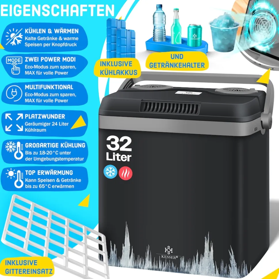 KESSER® 32 L Kühlbox 12V, 230V Stecker, Mini-Kühlschrank, Thermoelektrische Warmhaltebox
