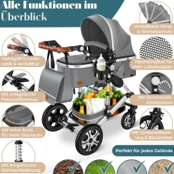 KESSER® Loops Kinderwagen 4 in 1 Kombikinderwagen Komplett-Set auch als Buggy für Kinder bis 4 Jahre inkl. Babywanne, Babyschale + Fußsack, Korb, Wickeltasche, Regen- & Insektenschutz & Flaschenhalter
