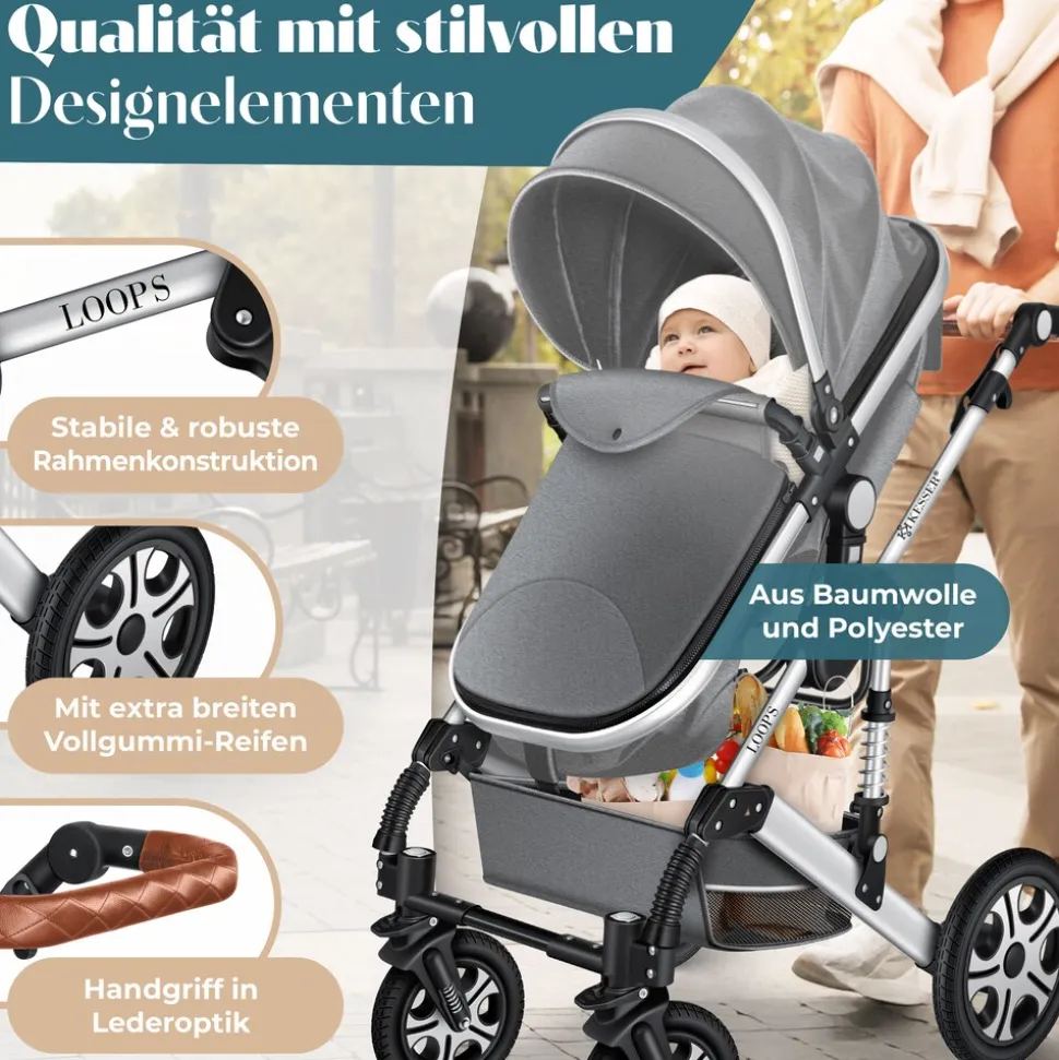 KESSER® Loops Kinderwagen 4 in 1 Kombikinderwagen Komplett-Set auch als Buggy für Kinder bis 4 Jahre inkl. Babywanne, Babyschale + Fußsack, Korb, Wickeltasche, Regen- & Insektenschutz & Flaschenhalter