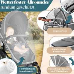 KESSER® Loops Kinderwagen 4 in 1 Kombikinderwagen Komplett-Set auch als Buggy für Kinder bis 4 Jahre inkl. Babywanne, Babyschale + Fußsack, Korb, Wickeltasche, Regen- & Insektenschutz & Flaschenhalter