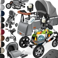 KESSER® Loops Kinderwagen 4 in 1 Kombikinderwagen Komplett-Set auch als Buggy für Kinder bis 4 Jahre inkl. Babywanne, Babyschale + Fußsack, Korb, Wickeltasche, Regen- & Insektenschutz & Flaschenhalter