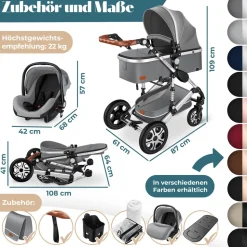 KESSER® Loops Kinderwagen 4 in 1 Kombikinderwagen Komplett-Set auch als Buggy für Kinder bis 4 Jahre inkl. Babywanne, Babyschale + Fußsack, Korb, Wickeltasche, Regen- & Insektenschutz & Flaschenhalter