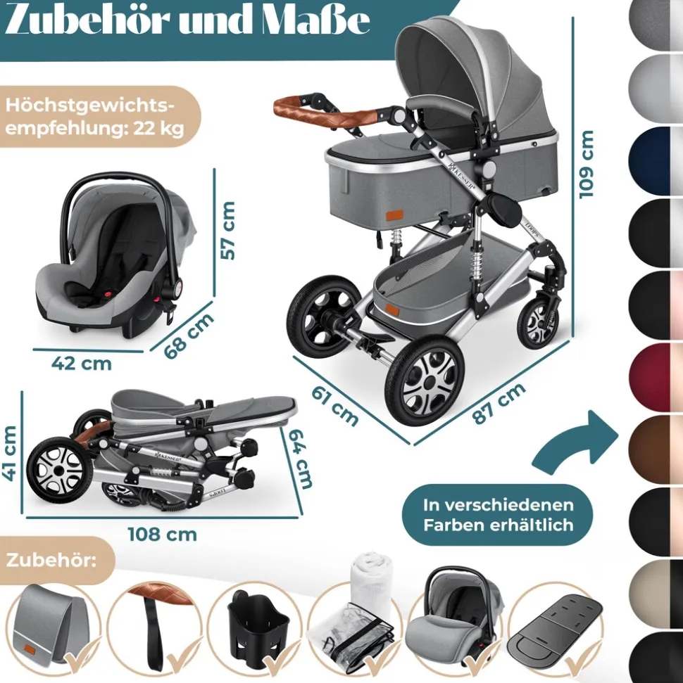 KESSER® Loops Kinderwagen 4 in 1 Kombikinderwagen Komplett-Set auch als Buggy für Kinder bis 4 Jahre inkl. Babywanne, Babyschale + Fußsack, Korb, Wickeltasche, Regen- & Insektenschutz & Flaschenhalter