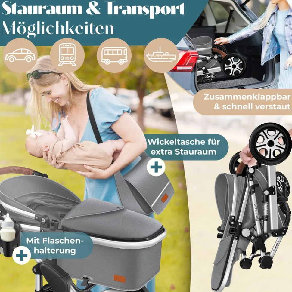 KESSER® Loops Kinderwagen 4 in 1 Kombikinderwagen Komplett-Set auch als Buggy für Kinder bis 4 Jahre inkl. Babywanne, Babyschale + Fußsack, Korb, Wickeltasche, Regen- & Insektenschutz & Flaschenhalter