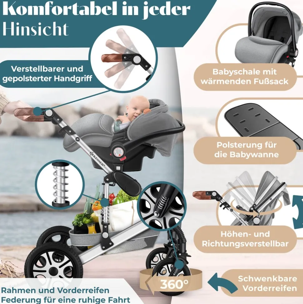 KESSER® Loops Kinderwagen 4 in 1 Kombikinderwagen Komplett-Set auch als Buggy für Kinder bis 4 Jahre inkl. Babywanne, Babyschale + Fußsack, Korb, Wickeltasche, Regen- & Insektenschutz & Flaschenhalter
