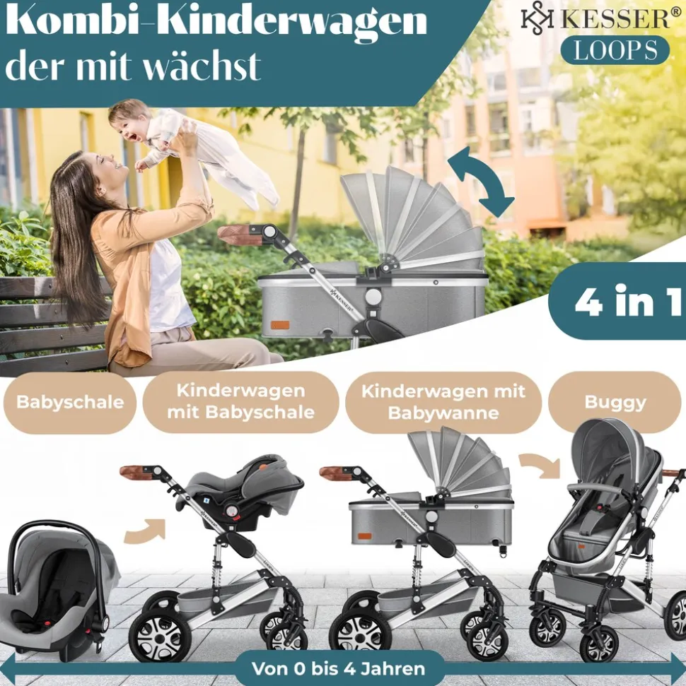 KESSER® Loops Kinderwagen 4 in 1 Kombikinderwagen Komplett-Set auch als Buggy für Kinder bis 4 Jahre inkl. Babywanne, Babyschale + Fußsack, Korb, Wickeltasche, Regen- & Insektenschutz & Flaschenhalter