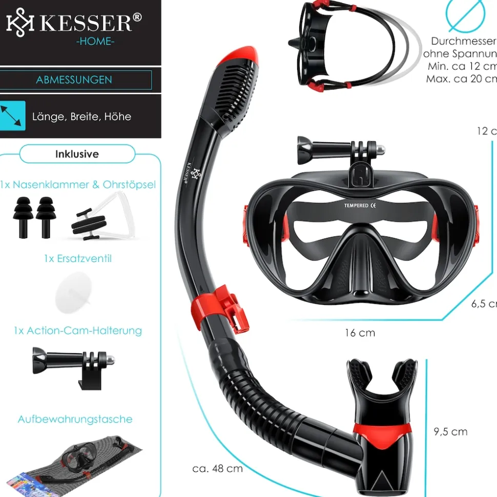 KESSER® Schnorchelset Profi Taucherbrille Schnorchelmaske Tauchset Erwachsene Tauchmaske - Inkl. Action-Cam Halterung - Antibeschlag und Anti-Leck für Freitauchen und Schnorcheln Set Taucherbrille