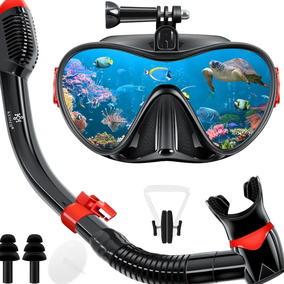 KESSER® Schnorchelset Profi Taucherbrille Schnorchelmaske Tauchset Erwachsene Tauchmaske - Inkl. Action-Cam Halterung - Antibeschlag und Anti-Leck für Freitauchen und Schnorcheln Set Taucherbrille