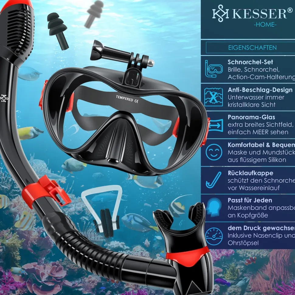 KESSER® Schnorchelset Profi Taucherbrille Schnorchelmaske Tauchset Erwachsene Tauchmaske - Inkl. Action-Cam Halterung - Antibeschlag und Anti-Leck für Freitauchen und Schnorcheln Set Taucherbrille