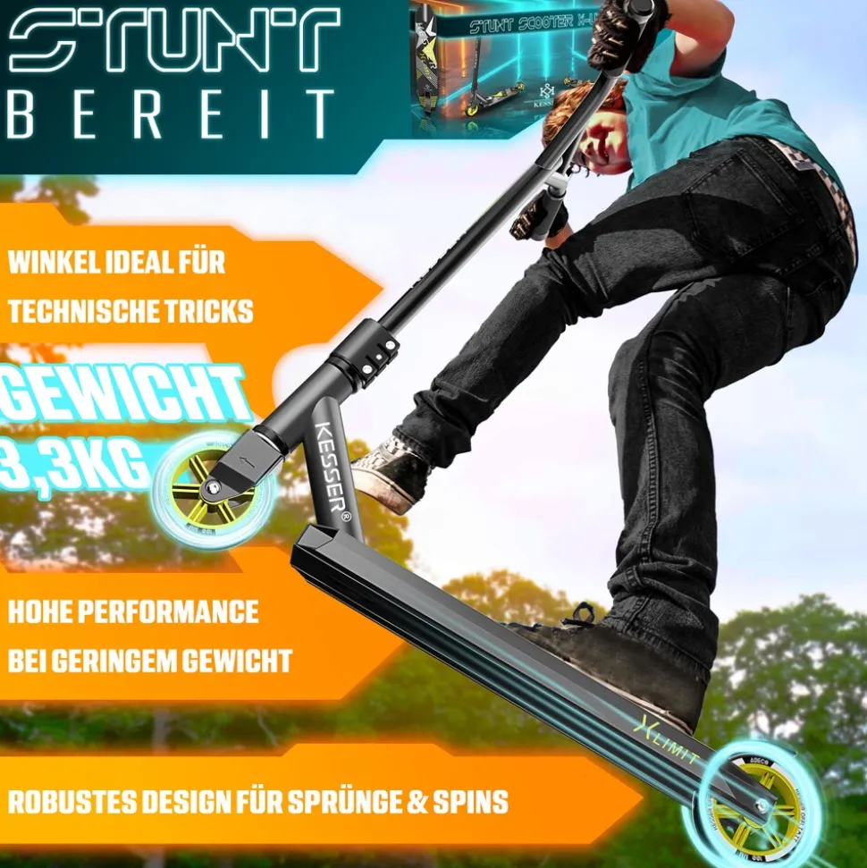 KESSER® Scooter Funscooter Stuntscooter X-Limit - 360° Lenkung mit ABEC 9 Kugellagern 100 mm PU Räder Robuster Kickscooter Tretroller Cityroller Trick Roller für Kinder Erwachsene