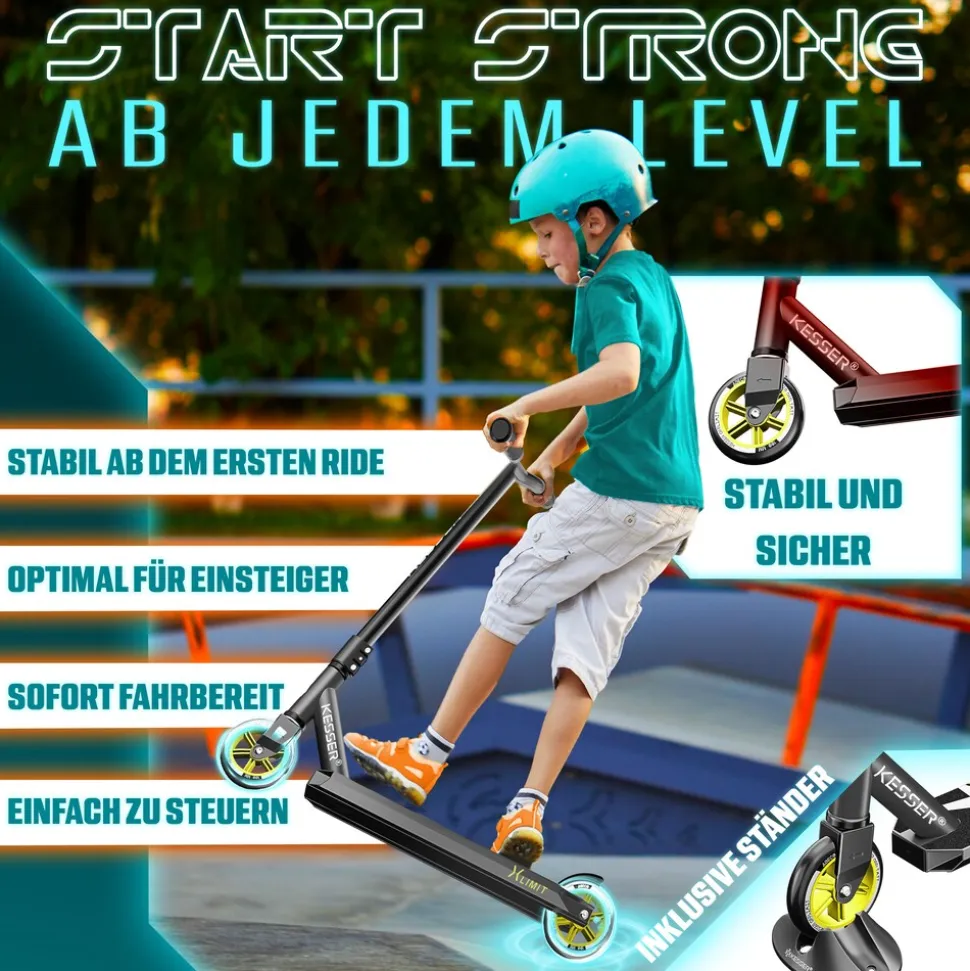 KESSER® Scooter Funscooter Stuntscooter X-Limit - 360° Lenkung mit ABEC 9 Kugellagern 100 mm PU Räder Robuster Kickscooter Tretroller Cityroller Trick Roller für Kinder Erwachsene