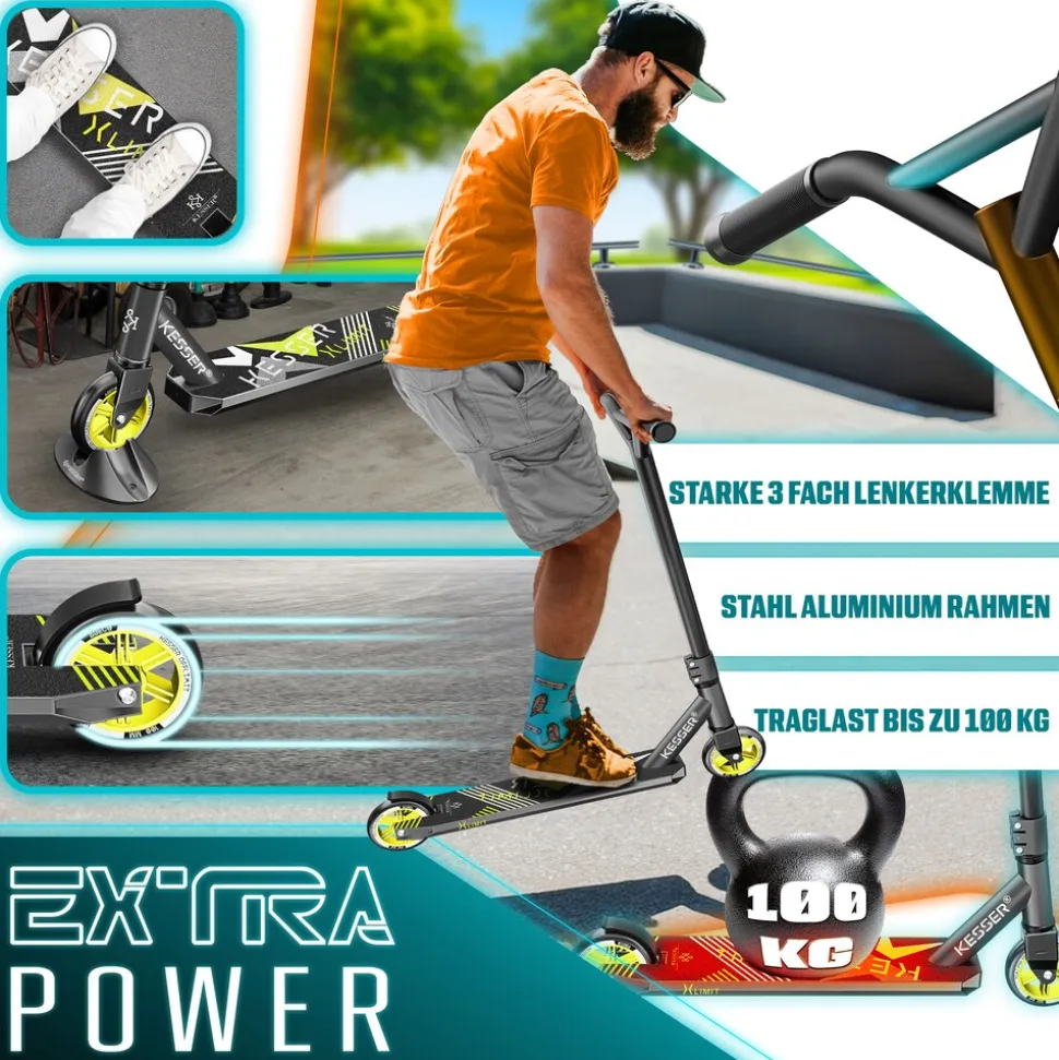 KESSER® Scooter Funscooter Stuntscooter X-Limit - 360° Lenkung mit ABEC 9 Kugellagern 100 mm PU Räder Robuster Kickscooter Tretroller Cityroller Trick Roller für Kinder Erwachsene