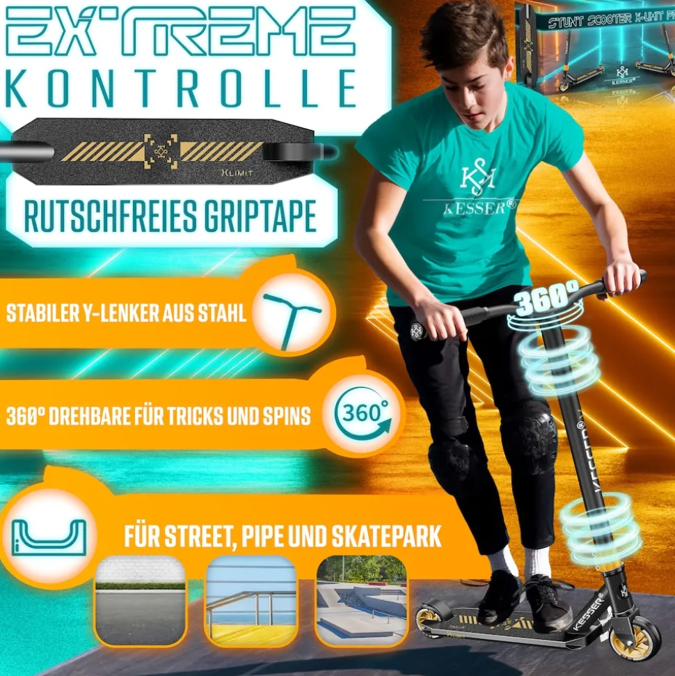 KESSER® Stunt Scooter X-Limit-Pro 360° Lenkung Funscooter Stuntscooter mit Ständer ABEC 9 Kugellagern, 110 mm PU Räder , Kickscooter Tretroller Cityroller Trick Roller für Kinder Erwachsene