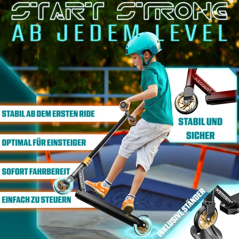 KESSER® Stunt Scooter X-Limit-Pro 360° Lenkung Funscooter Stuntscooter mit Ständer ABEC 9 Kugellagern, 110 mm PU Räder , Kickscooter Tretroller Cityroller Trick Roller für Kinder Erwachsene
