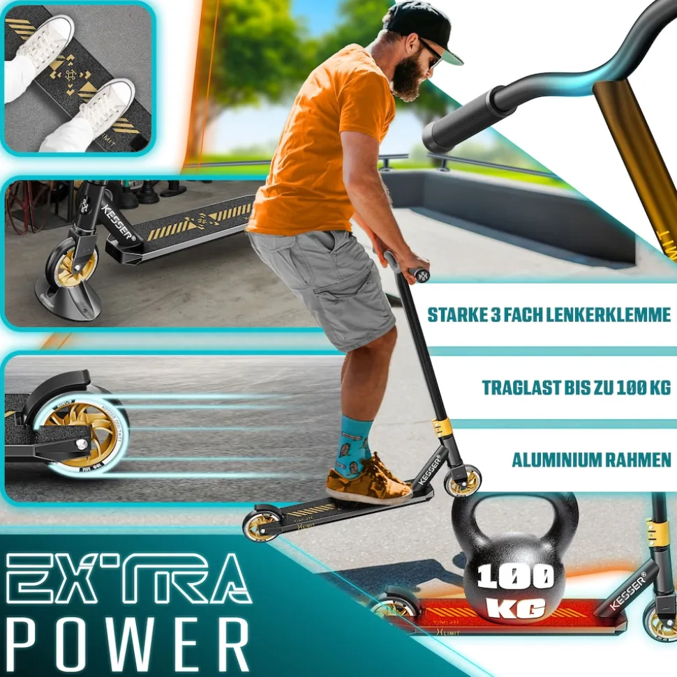 KESSER® Stunt Scooter X-Limit-Pro 360° Lenkung Funscooter Stuntscooter mit Ständer ABEC 9 Kugellagern, 110 mm PU Räder , Kickscooter Tretroller Cityroller Trick Roller für Kinder Erwachsene