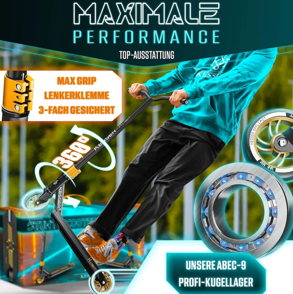 KESSER® Stunt Scooter X-Limit-Pro 360° Lenkung Funscooter Stuntscooter mit Ständer ABEC 9 Kugellagern, 110 mm PU Räder , Kickscooter Tretroller Cityroller Trick Roller für Kinder Erwachsene
