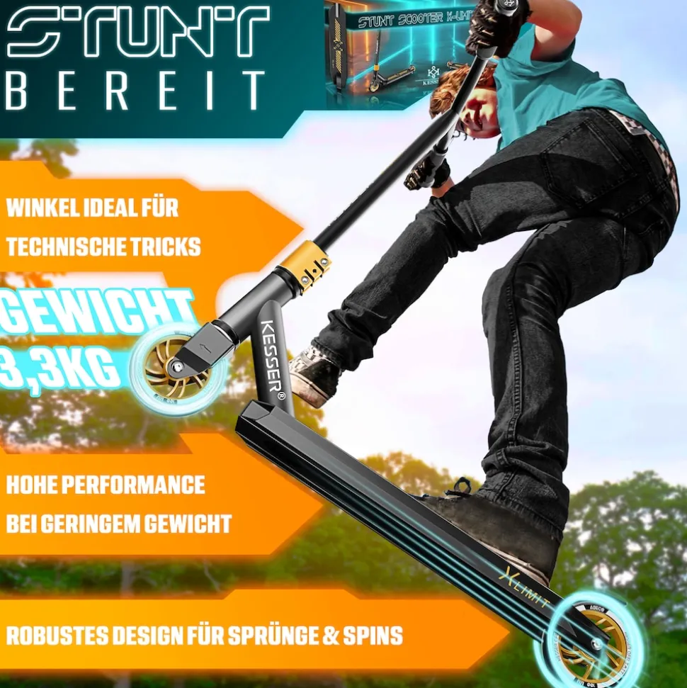 KESSER® Stunt Scooter X-Limit-Pro 360° Lenkung Funscooter Stuntscooter mit Ständer ABEC 9 Kugellagern, 110 mm PU Räder , Kickscooter Tretroller Cityroller Trick Roller für Kinder Erwachsene