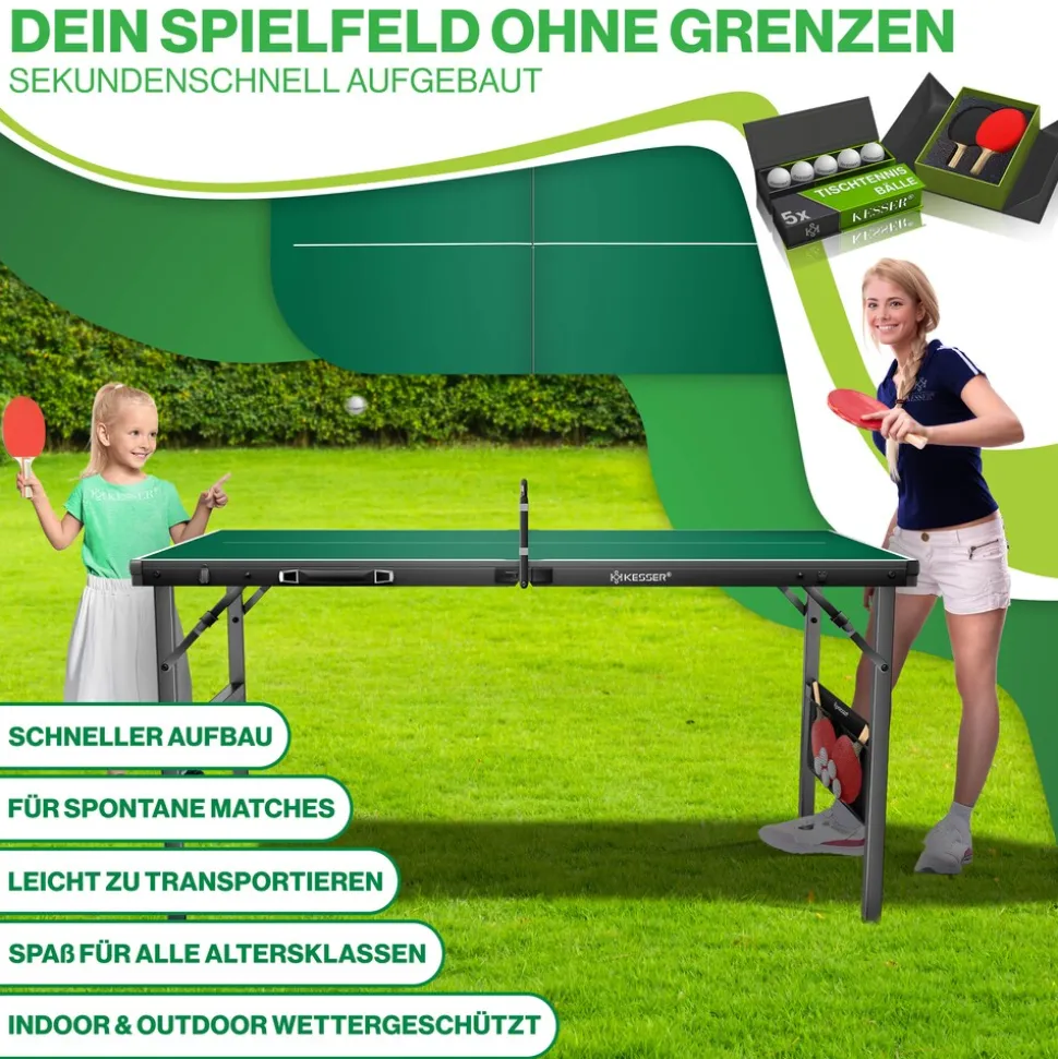 KESSER® Tischtennisplatte Mini mit Tischtennisschläger-Set, Tischtennisbällen und TT-Netz | Indoor | Unterwegs, laminierte Platte + klappbar – Kofferdesign, Kinder und Erwachsene – 153 x 76,5 cm