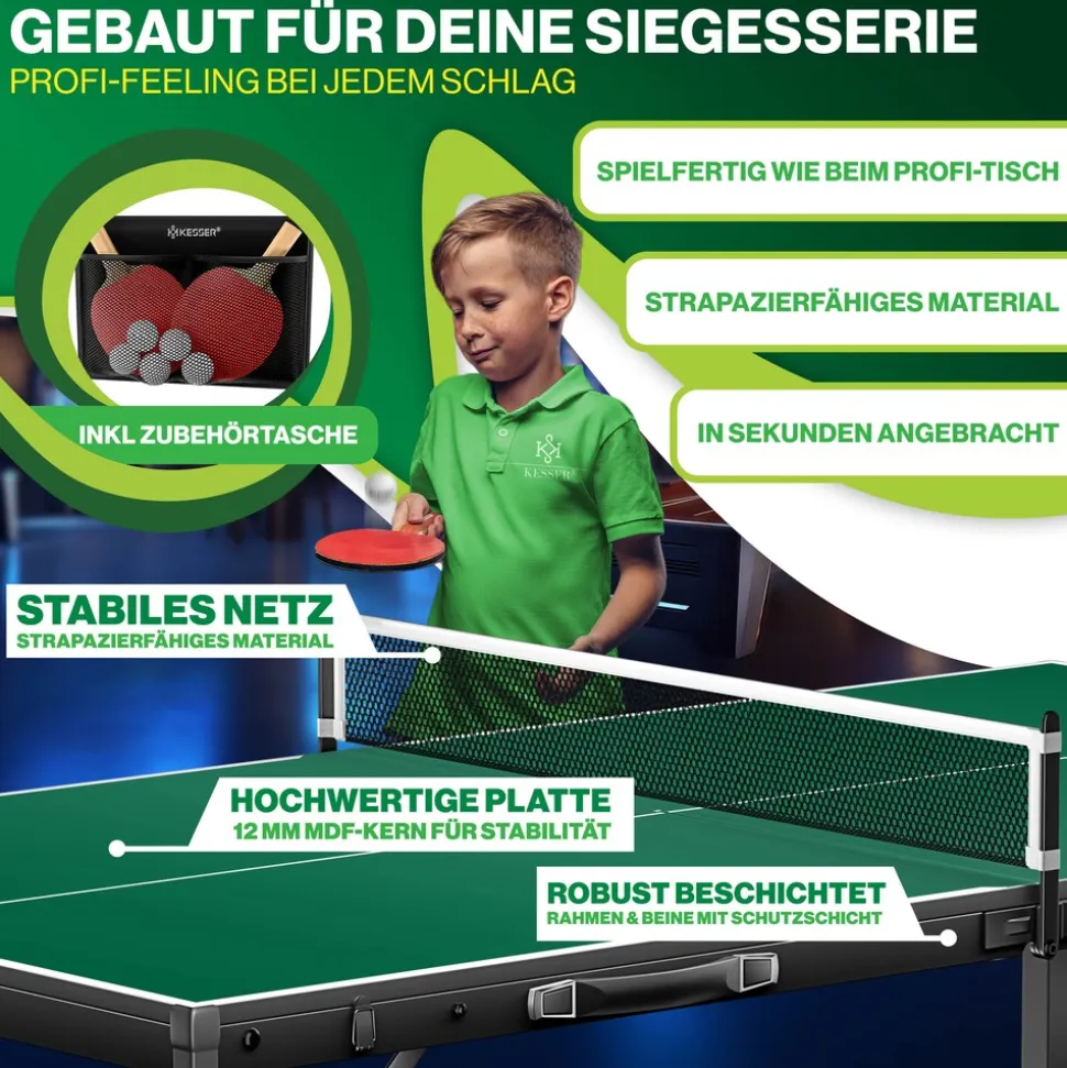 KESSER® Tischtennisplatte Mini mit Tischtennisschläger-Set, Tischtennisbällen und TT-Netz | Indoor | Unterwegs, laminierte Platte + klappbar – Kofferdesign, Kinder und Erwachsene – 153 x 76,5 cm