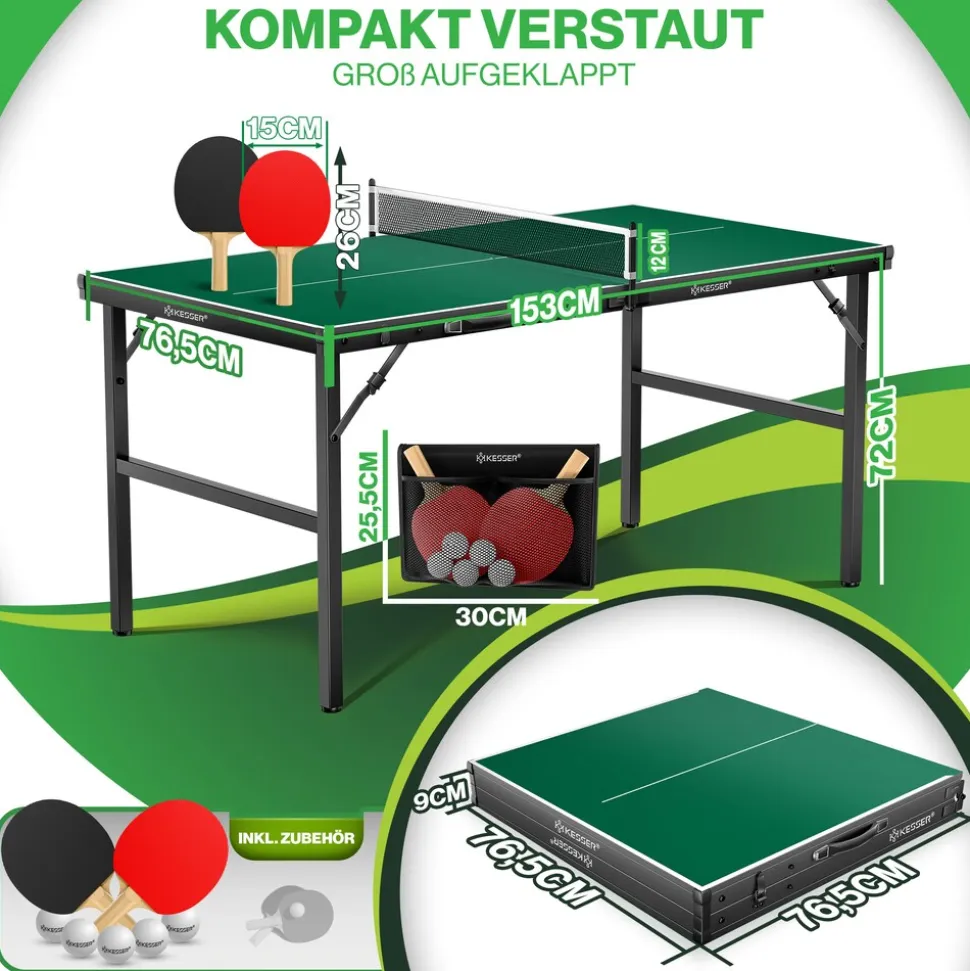 KESSER® Tischtennisplatte Mini mit Tischtennisschläger-Set, Tischtennisbällen und TT-Netz | Indoor | Unterwegs, laminierte Platte + klappbar – Kofferdesign, Kinder und Erwachsene – 153 x 76,5 cm