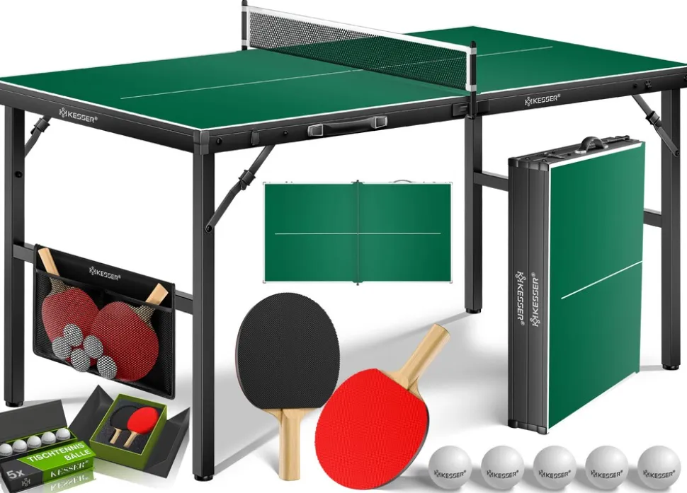 KESSER® Tischtennisplatte Mini mit Tischtennisschläger-Set, Tischtennisbällen und TT-Netz | Indoor | Unterwegs, laminierte Platte + klappbar – Kofferdesign, Kinder und Erwachsene – 153 x 76,5 cm