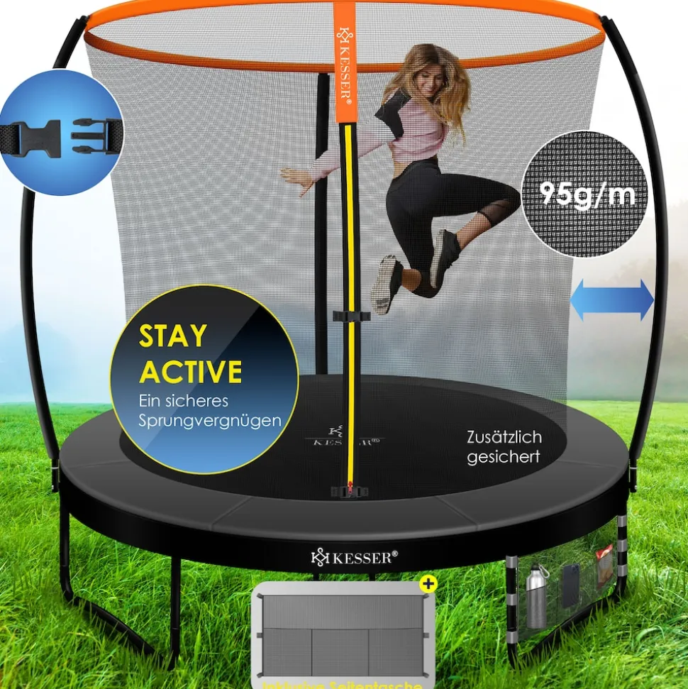 KESSER® Trampolin Gartentrampolin | TÜV Rheinland GS Zertifiziert | Kindertrampolin bis 150 kg | Komplettset mit Sicherheitsnetz, Leiter, Randabdeckung, Seitentasche & Zubehör