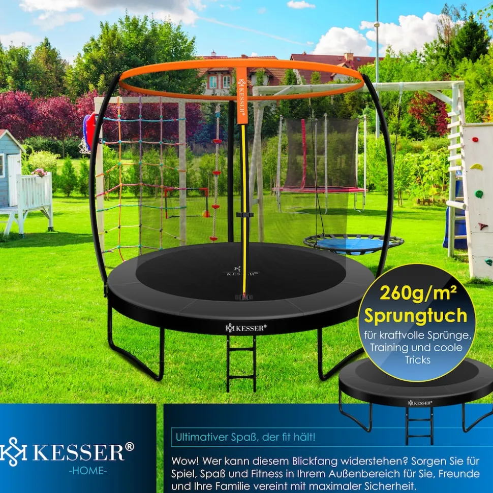 KESSER® Trampolin Gartentrampolin | TÜV Rheinland GS Zertifiziert | Kindertrampolin bis 150 kg | Komplettset mit Sicherheitsnetz, Leiter, Randabdeckung, Seitentasche & Zubehör