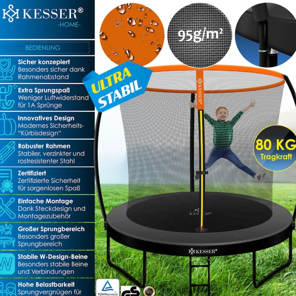 KESSER® Trampolin Gartentrampolin | TÜV Rheinland GS Zertifiziert | Kindertrampolin bis 150 kg | Komplettset mit Sicherheitsnetz, Leiter, Randabdeckung, Seitentasche & Zubehör