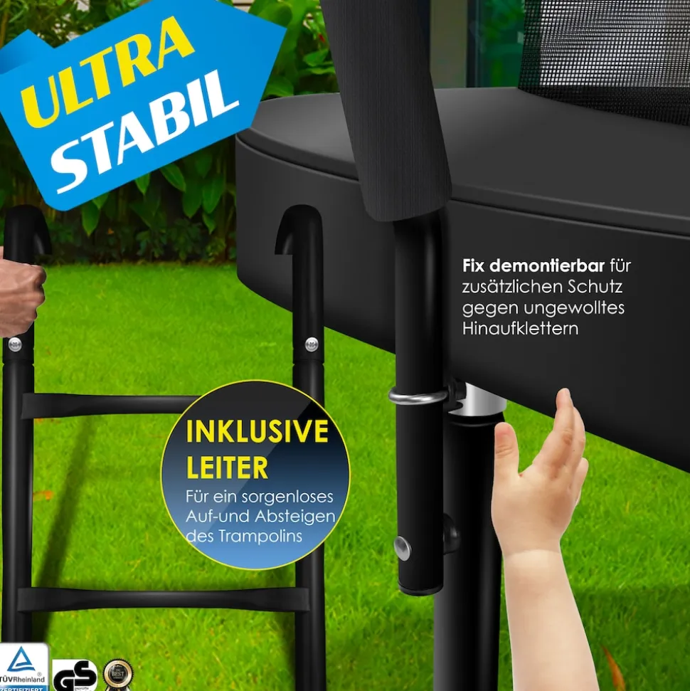 KESSER® Trampolin Gartentrampolin | TÜV Rheinland GS Zertifiziert | Kindertrampolin bis 150 kg | Komplettset mit Sicherheitsnetz, Leiter, Randabdeckung, Seitentasche & Zubehör