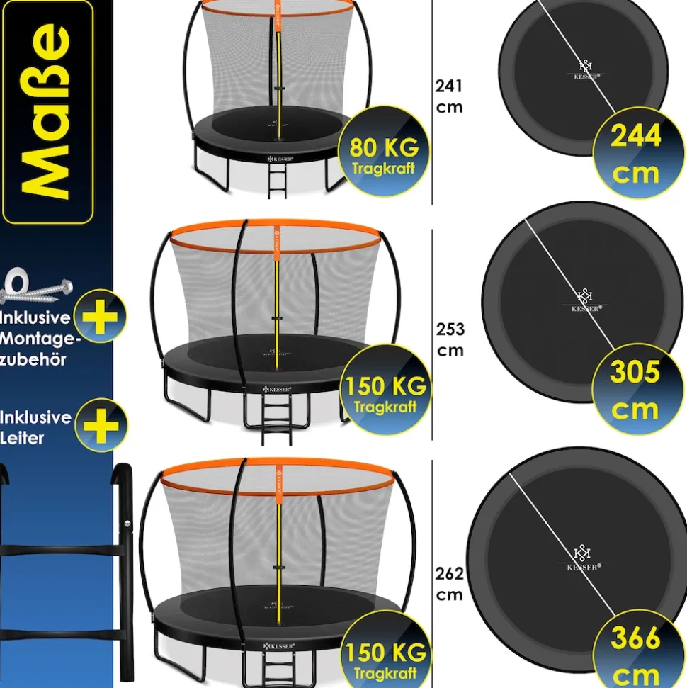 KESSER® Trampolin Gartentrampolin | TÜV Rheinland GS Zertifiziert | Kindertrampolin bis 150 kg | Komplettset mit Sicherheitsnetz, Leiter, Randabdeckung, Seitentasche & Zubehör